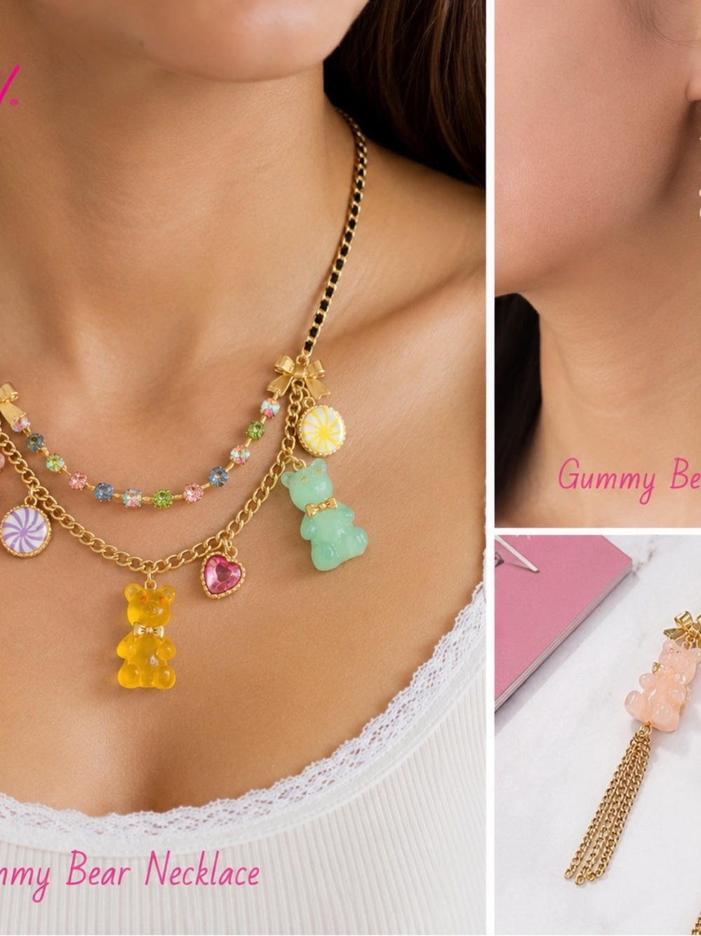 Betsey Johnson Gummy Bear Necklace & Earrings Set NWT Candy Charm Jewelry - Picture 2 of 12